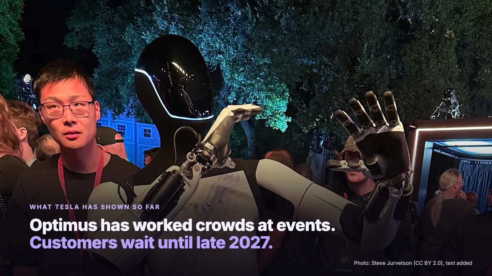 Optimus at a Tesla event in October 2024; outside customers wait until about late 2027. Photo: Steve Jurvetson, CC BY 2.0