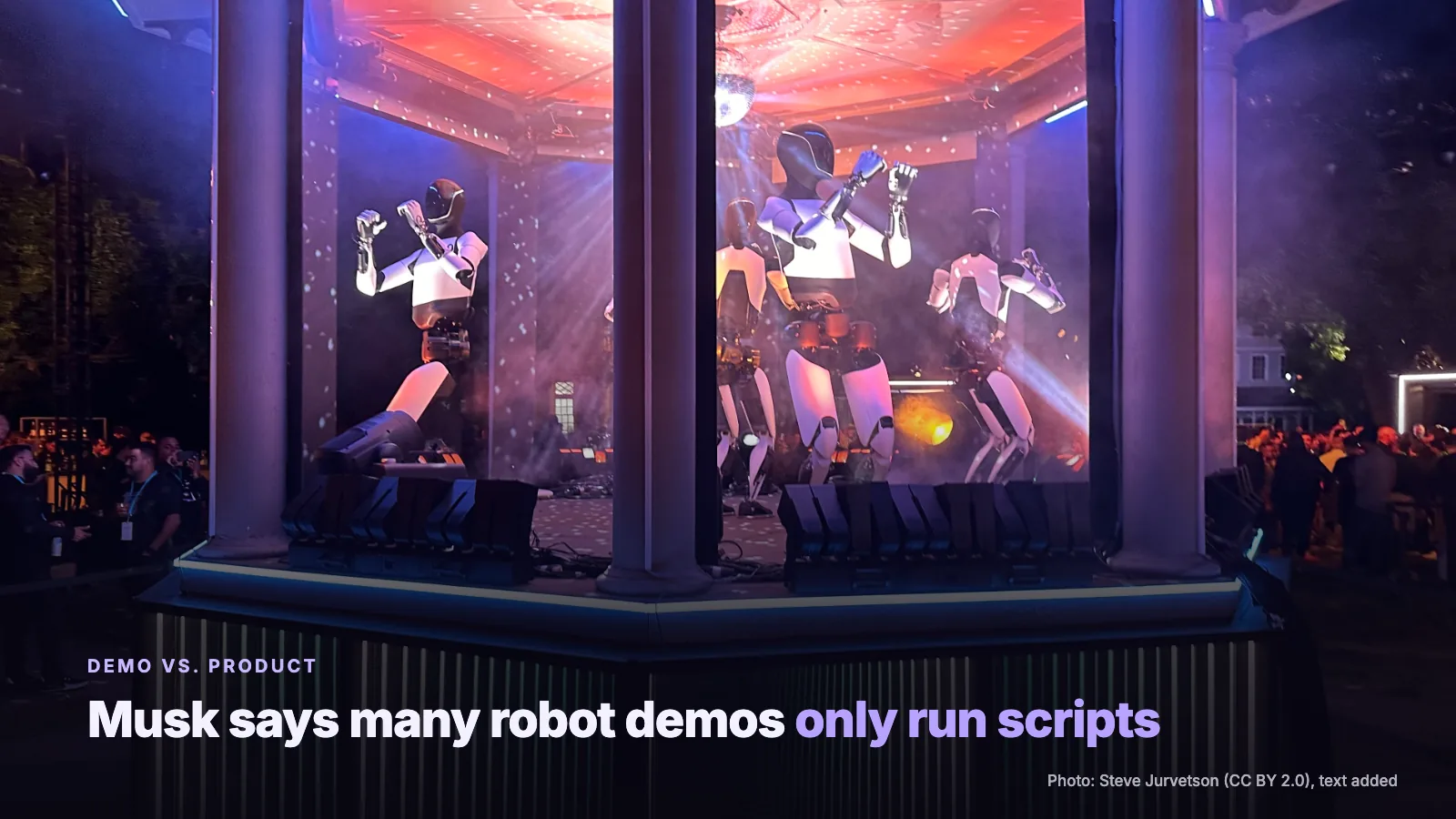 Optimus robots dancing at a 2024 Tesla event; Musk says many demos only run scripts. Photo: Steve Jurvetson, CC BY 2.0