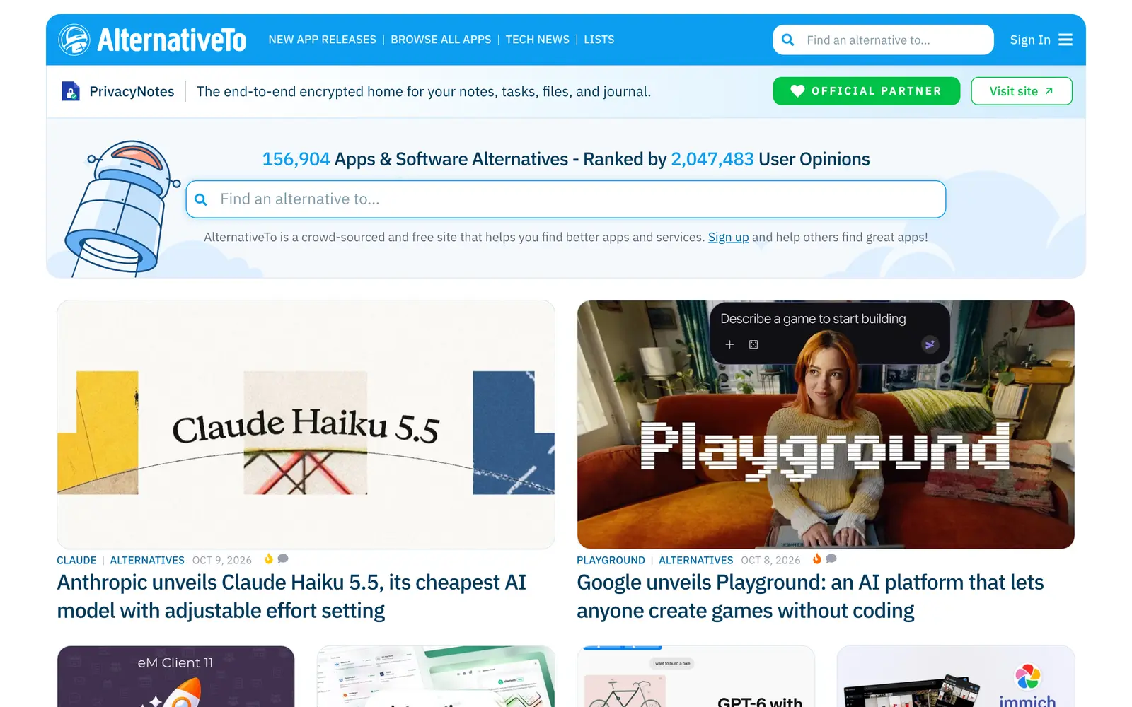 AlternativeTo, alternativeto.net — the page's first screen