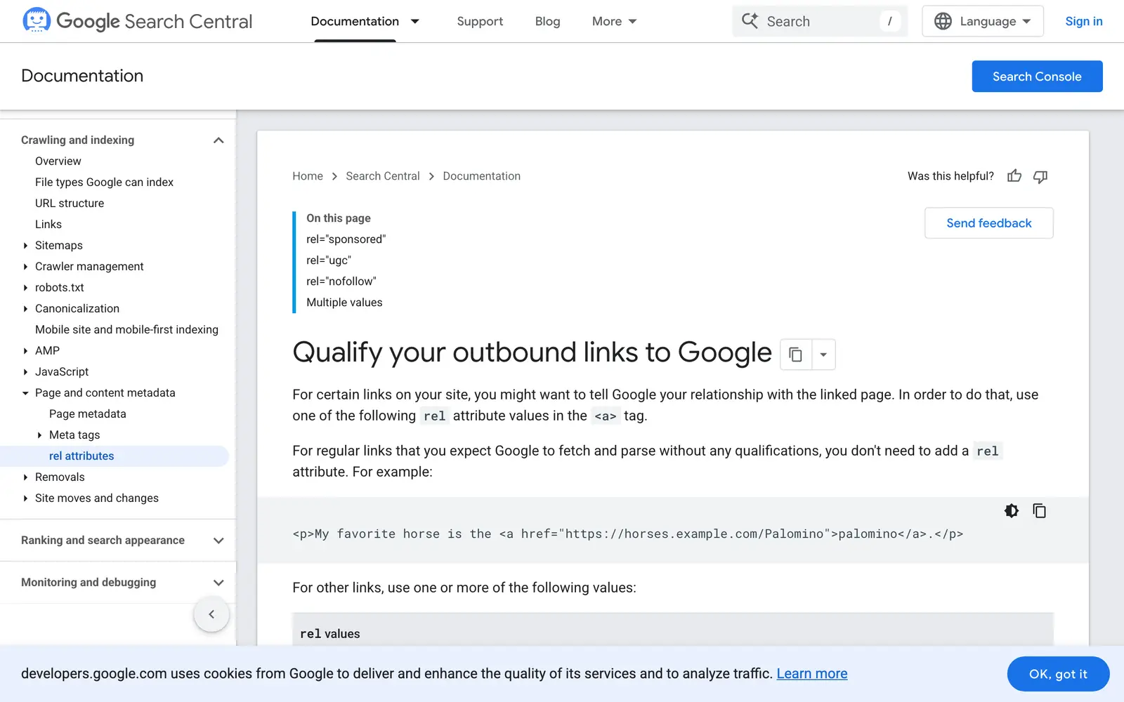 Google Search Central, developers.google.com — the page's first screen