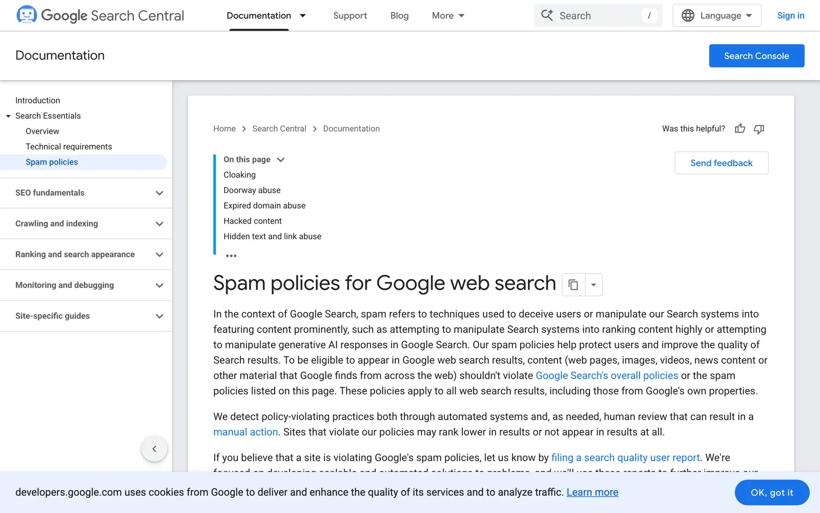 Google Search Central, developers.google.com — the page's first screen