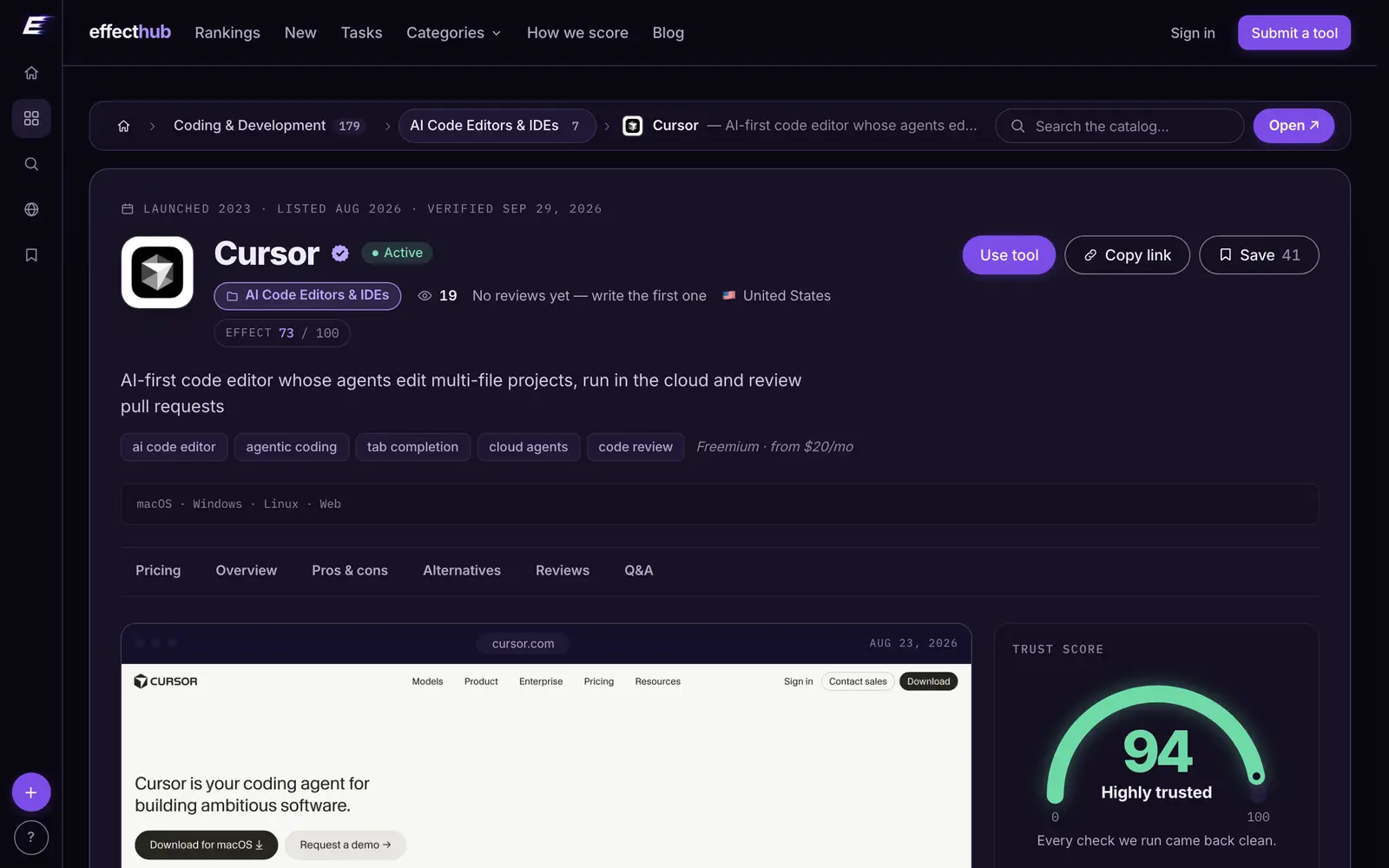 EffectHub: the Cursor listing, effecthub.net — the page's first screen