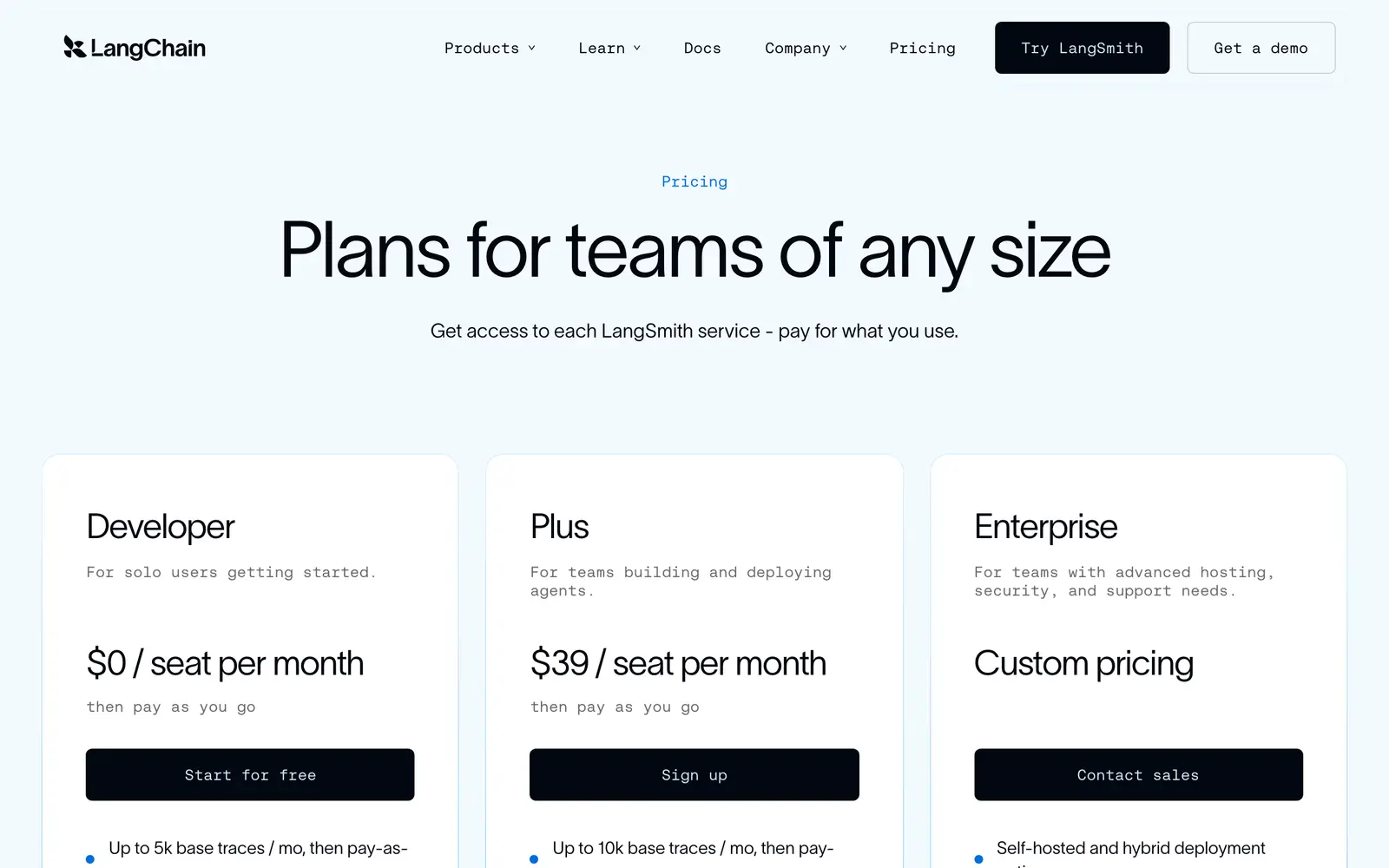 LangSmith pricing, langchain.com — the page's first screen