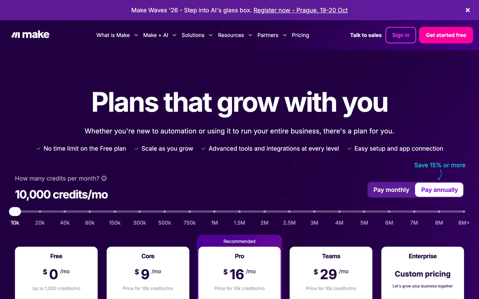 Make pricing, make.com — the page's first screen
