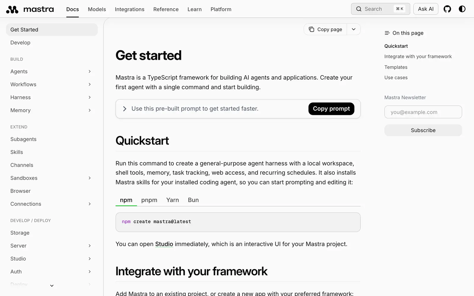 Mastra docs, mastra.ai — the page's first screen