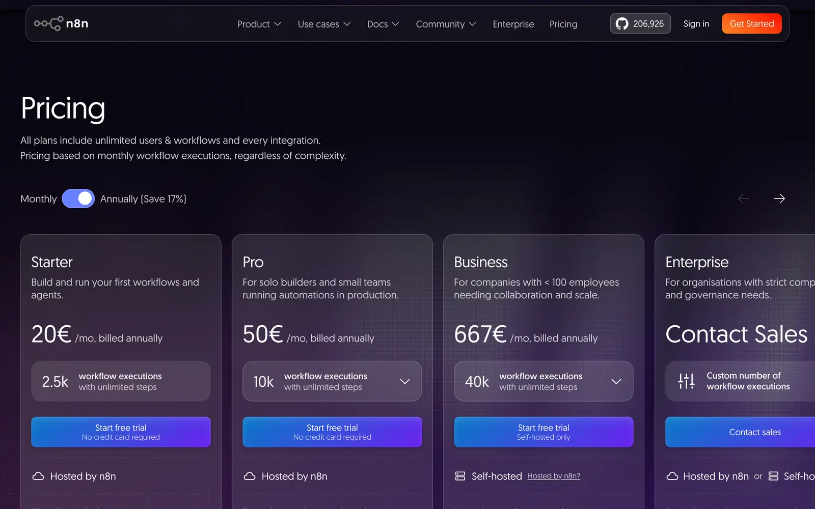 n8n pricing, n8n.io — the page's first screen