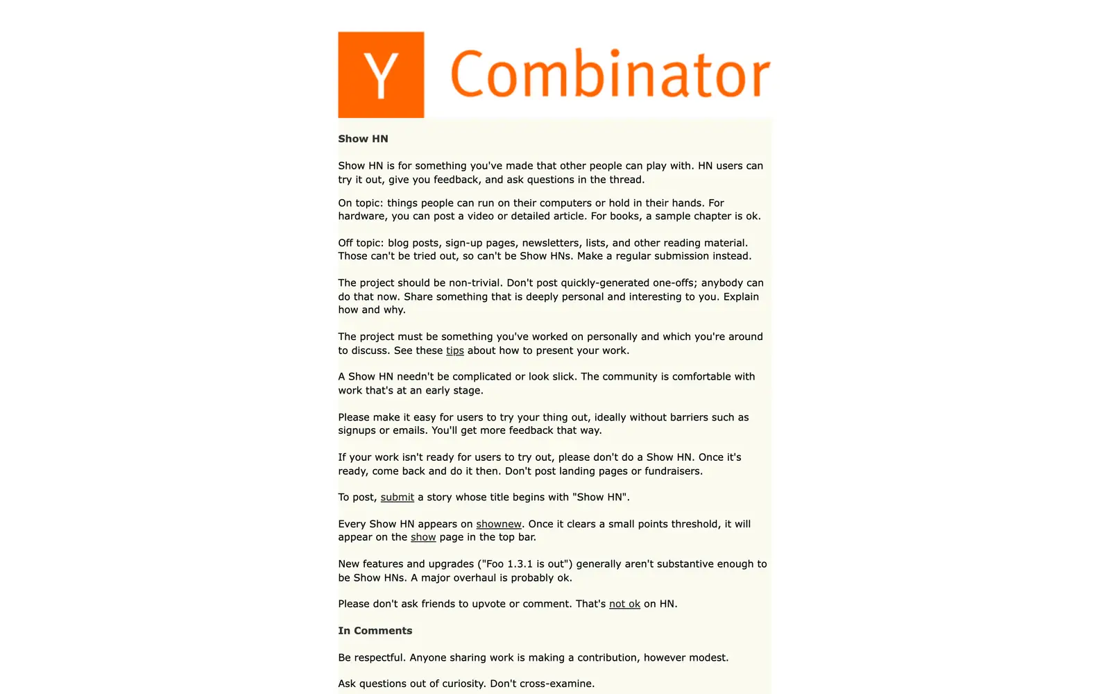Show HN rules, news.ycombinator.com — the page's first screen