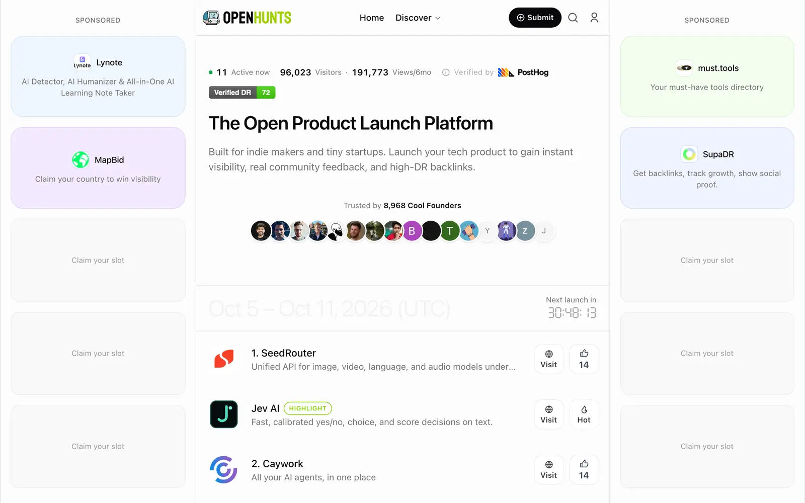 OpenHunts, openhunts.com — the page's first screen