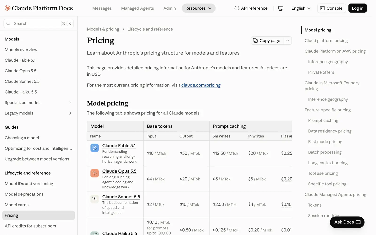 Claude API pricing, platform.claude.com — the page's first screen