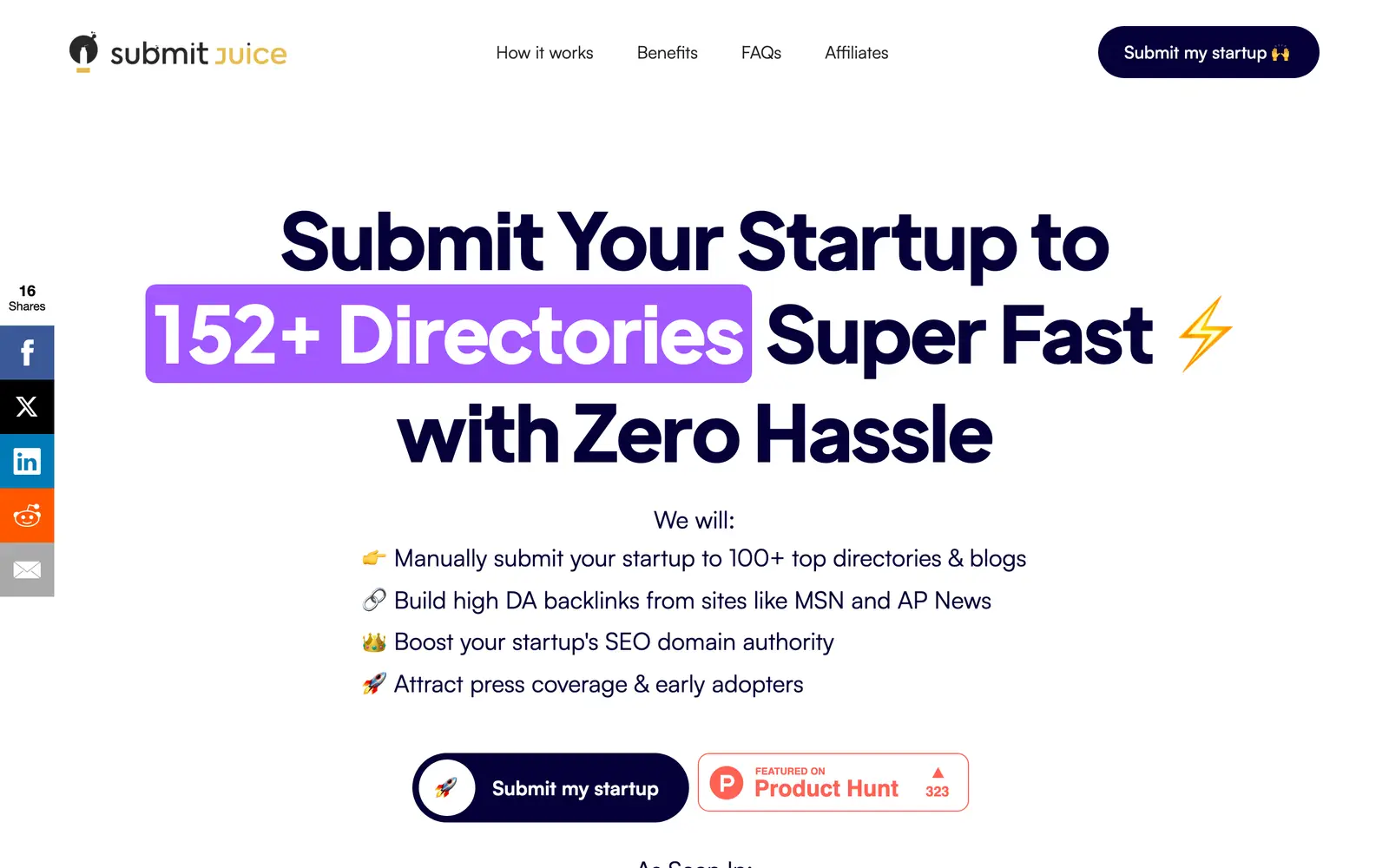 SubmitJuice, submitjuice.com — the page's first screen