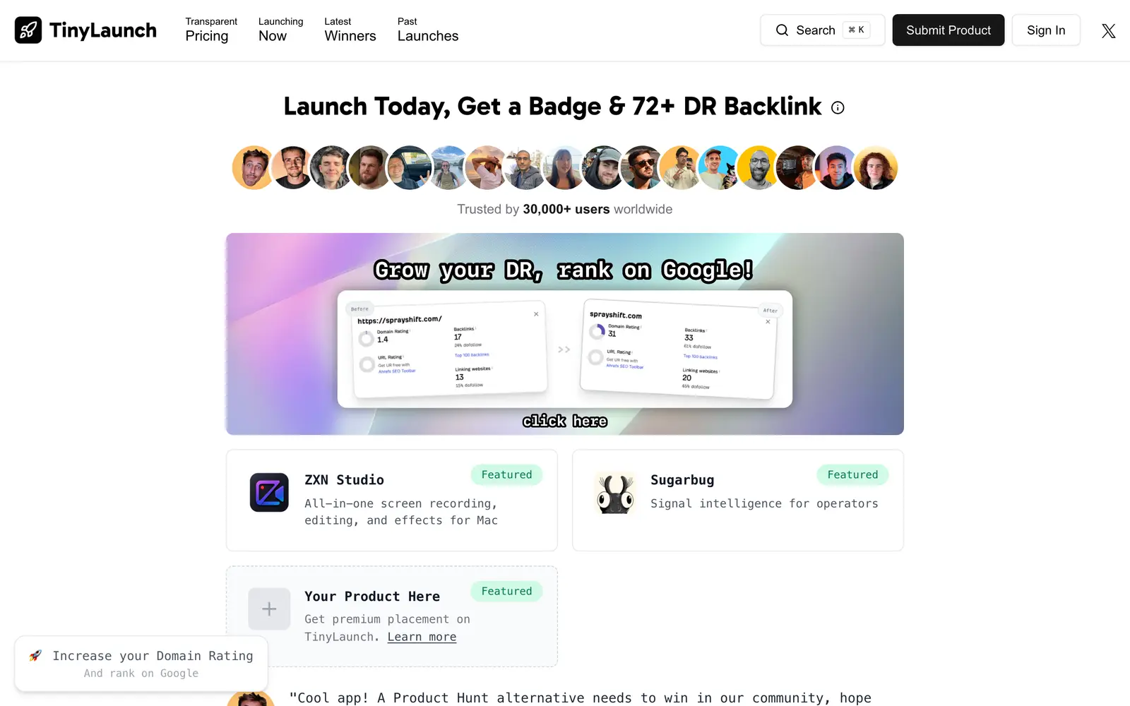 TinyLaunch, tinylaunch.com — the page's first screen
