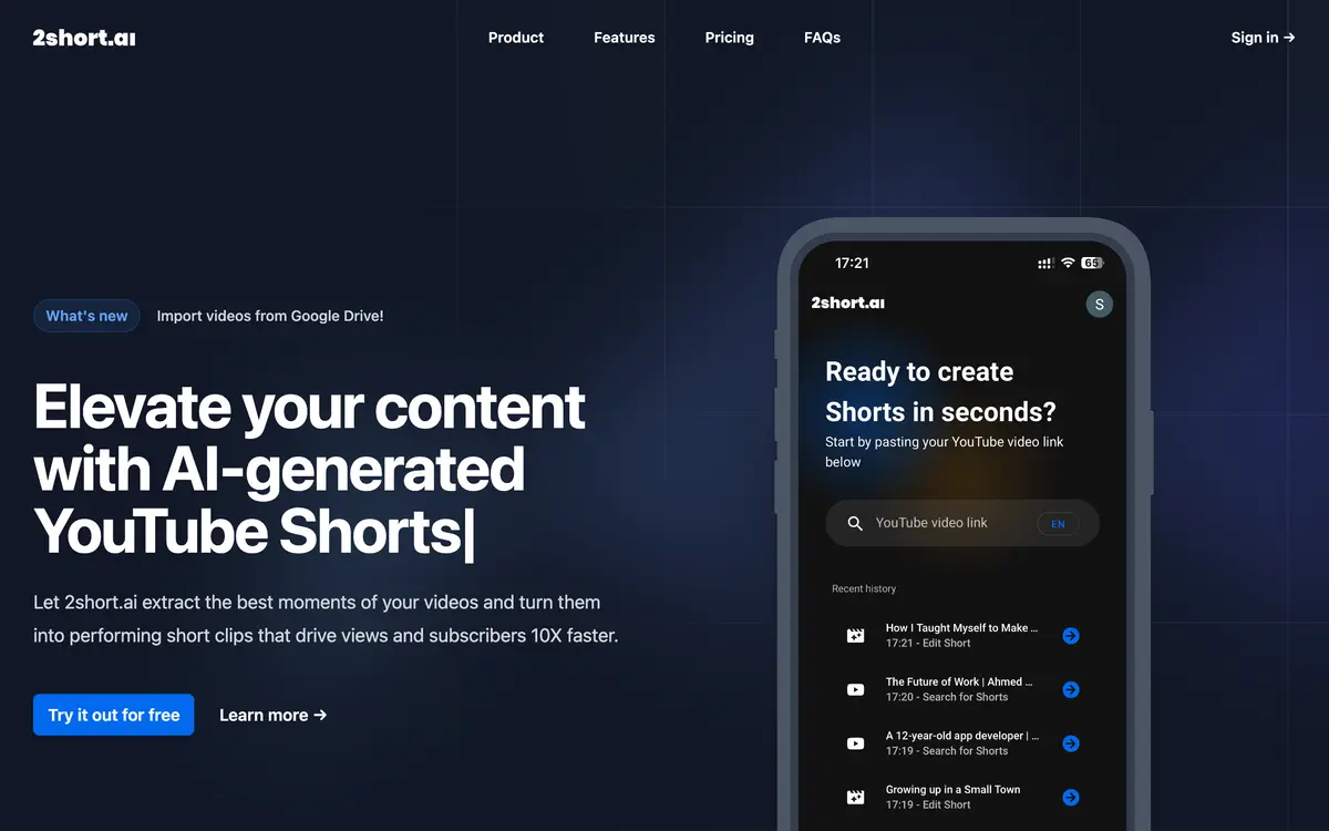 Screenshot of the 2short.ai website