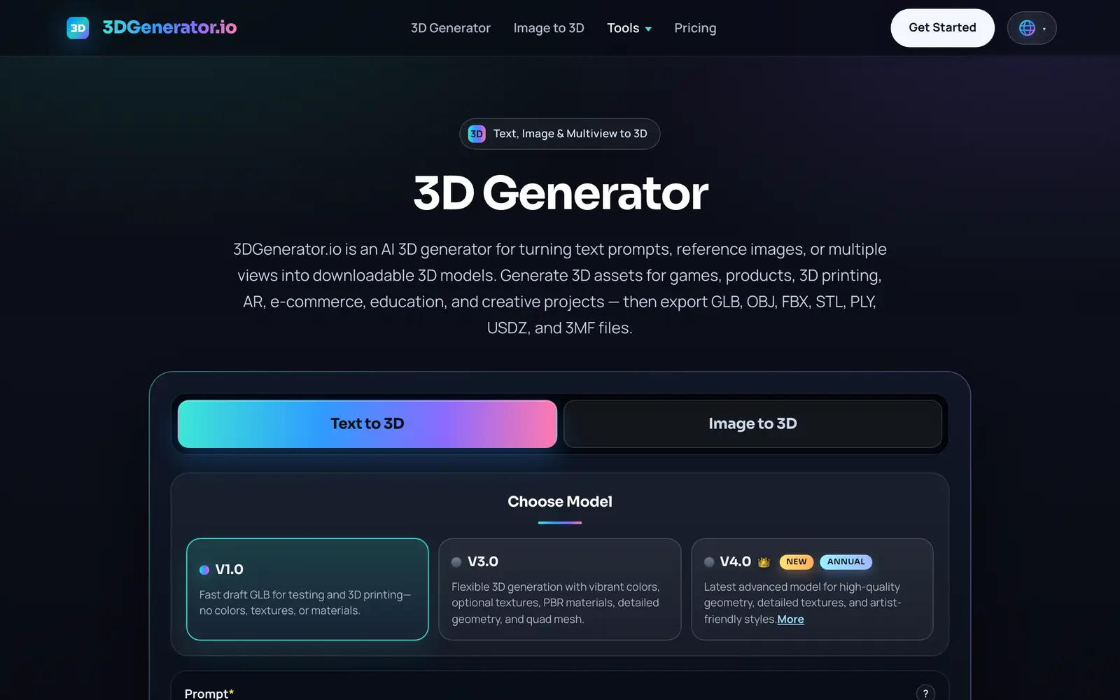 Screenshot of the 3DGenerator.io website