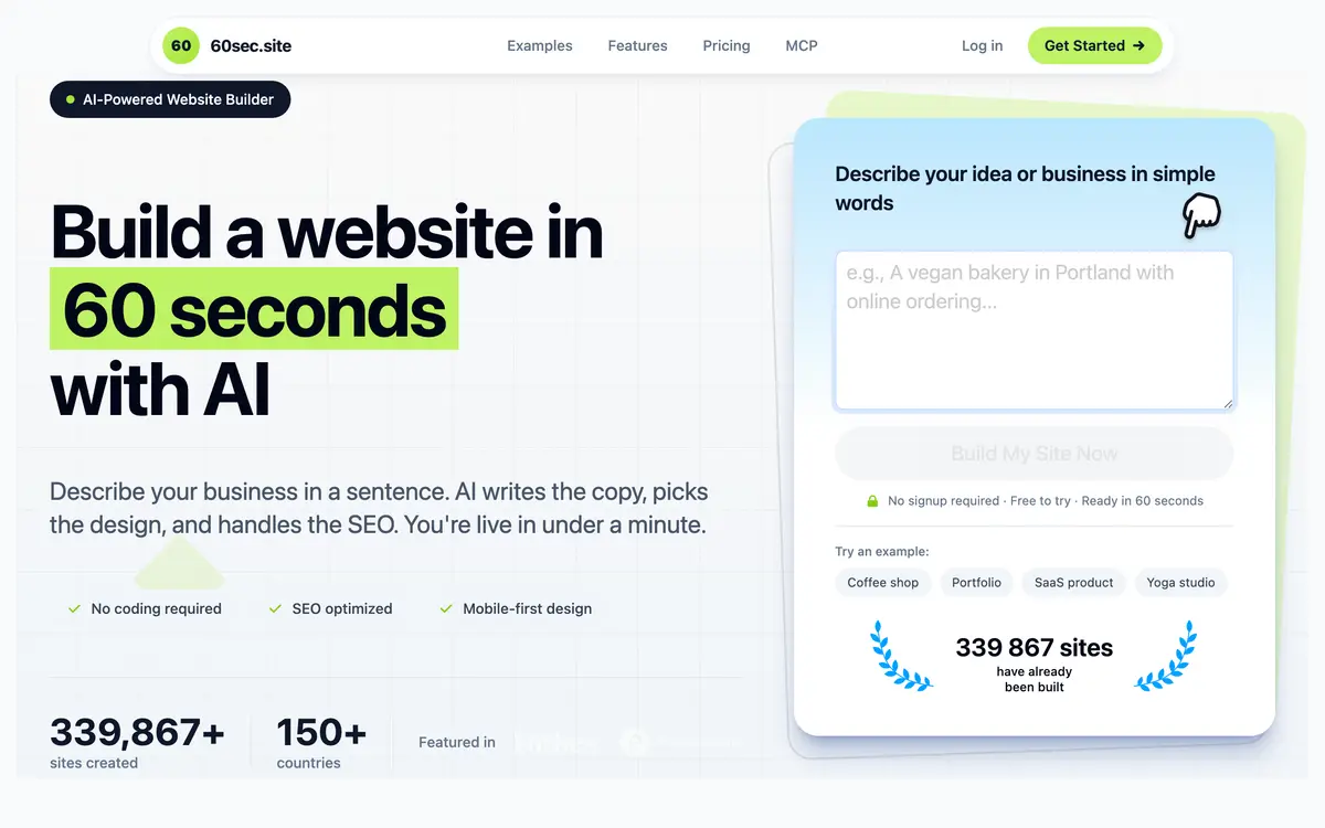 Screenshot of the 60sec.site website