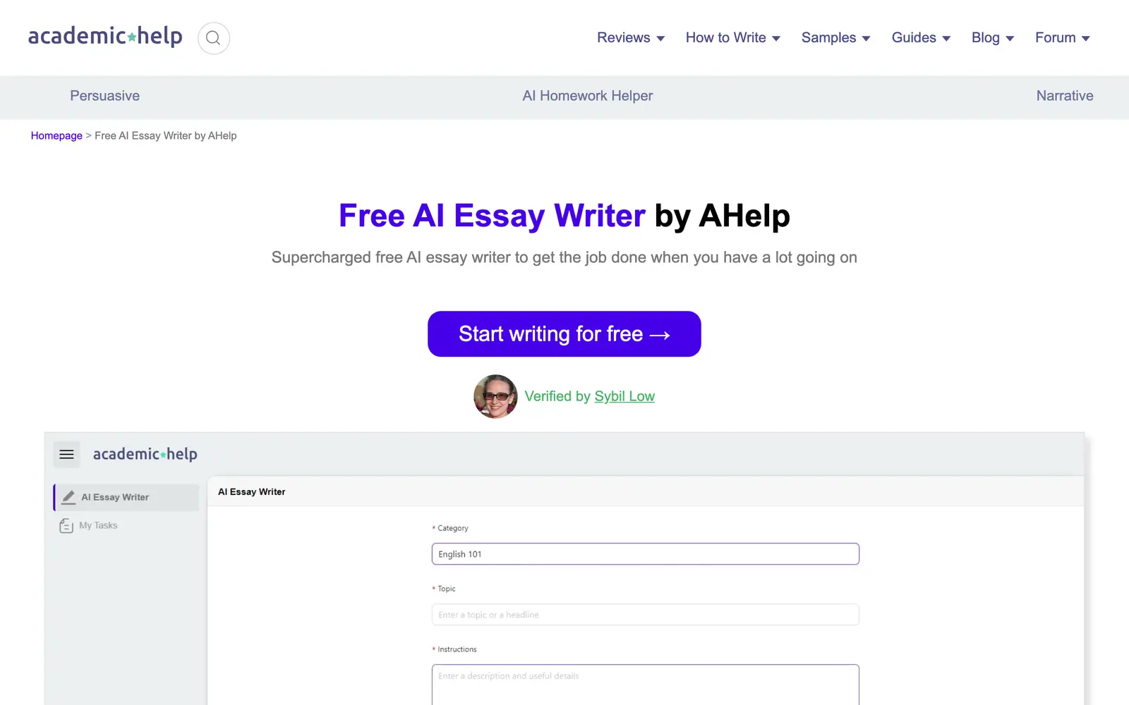 Screenshot of the AcademicHelp AI Essay Writer website