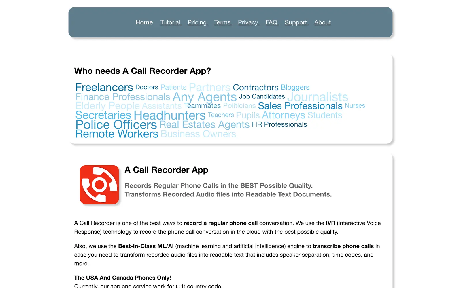 Screenshot of the A Call Recorder website