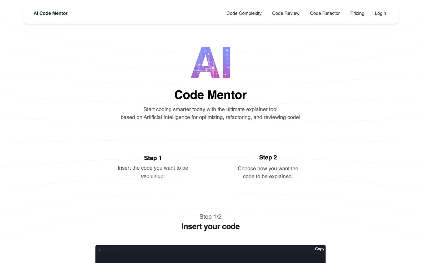 Screenshot of the AI Code Mentor website