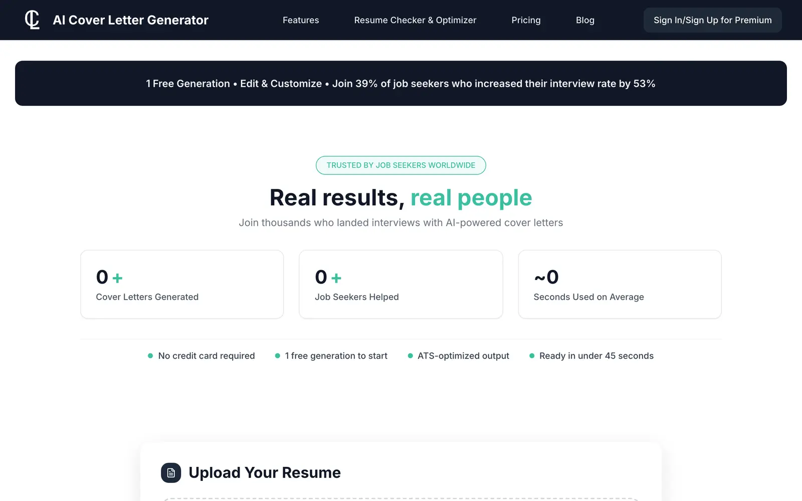Screenshot of the AI Cover Letter Generator website