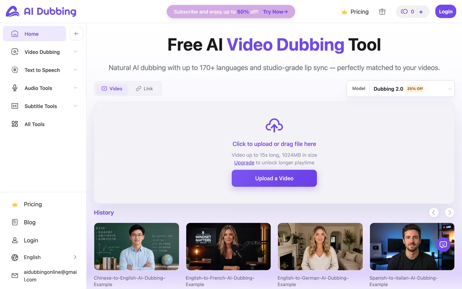 Screenshot of the AI Dubbing.io website