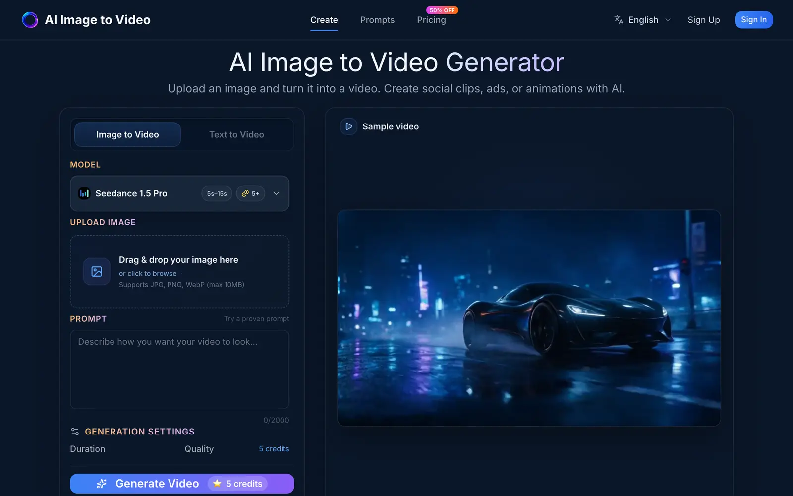 Screenshot of the AI Image to Video website