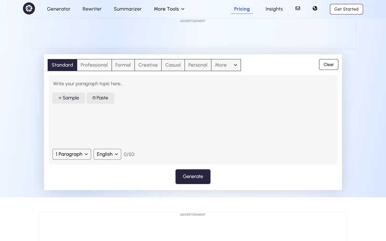 Screenshot of the AI Paragraph Generator website