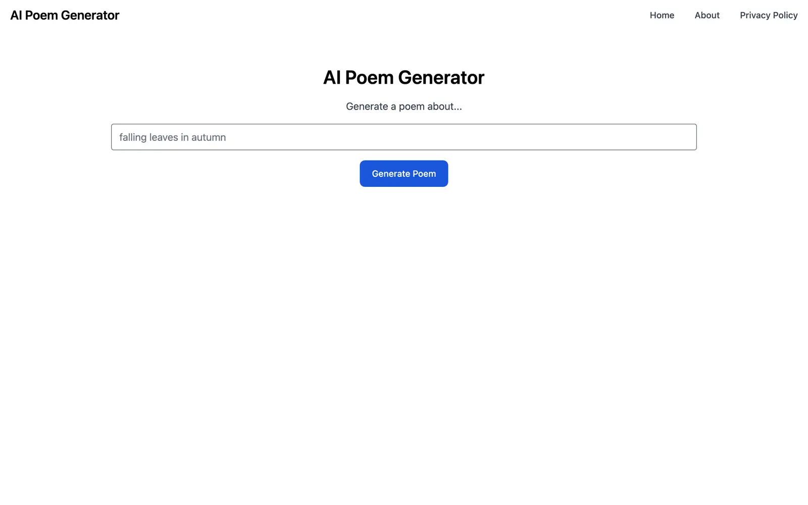 Screenshot of the AI Poem Generator website