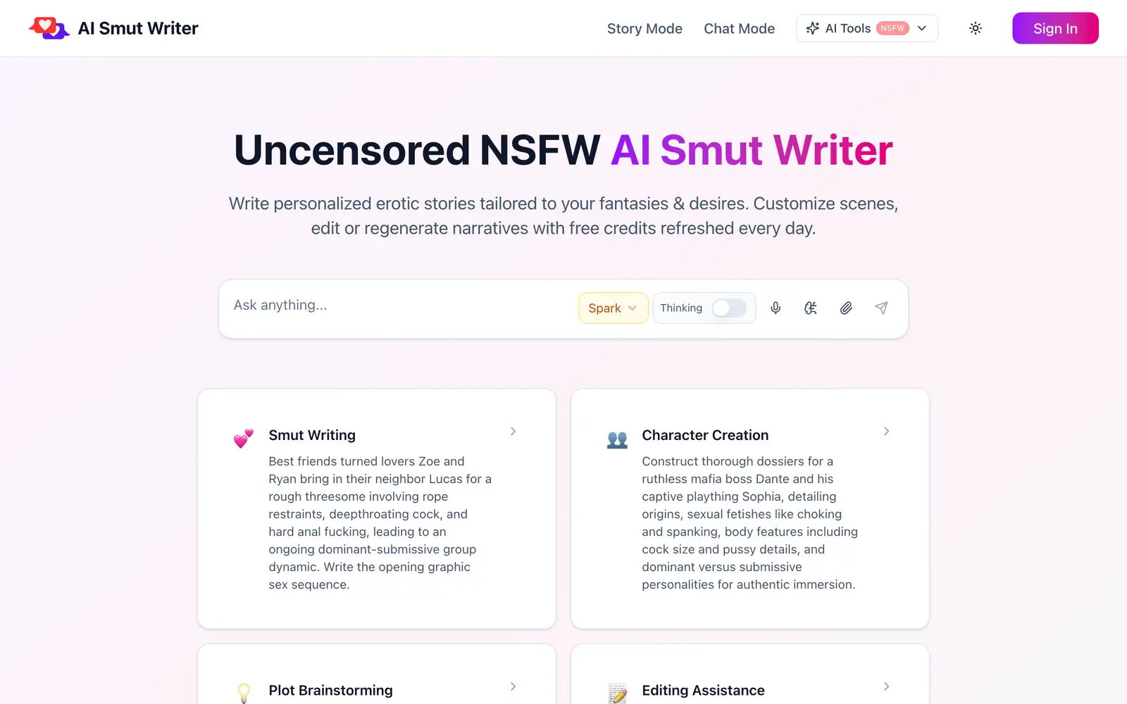 Screenshot of the AI Smut Writer website