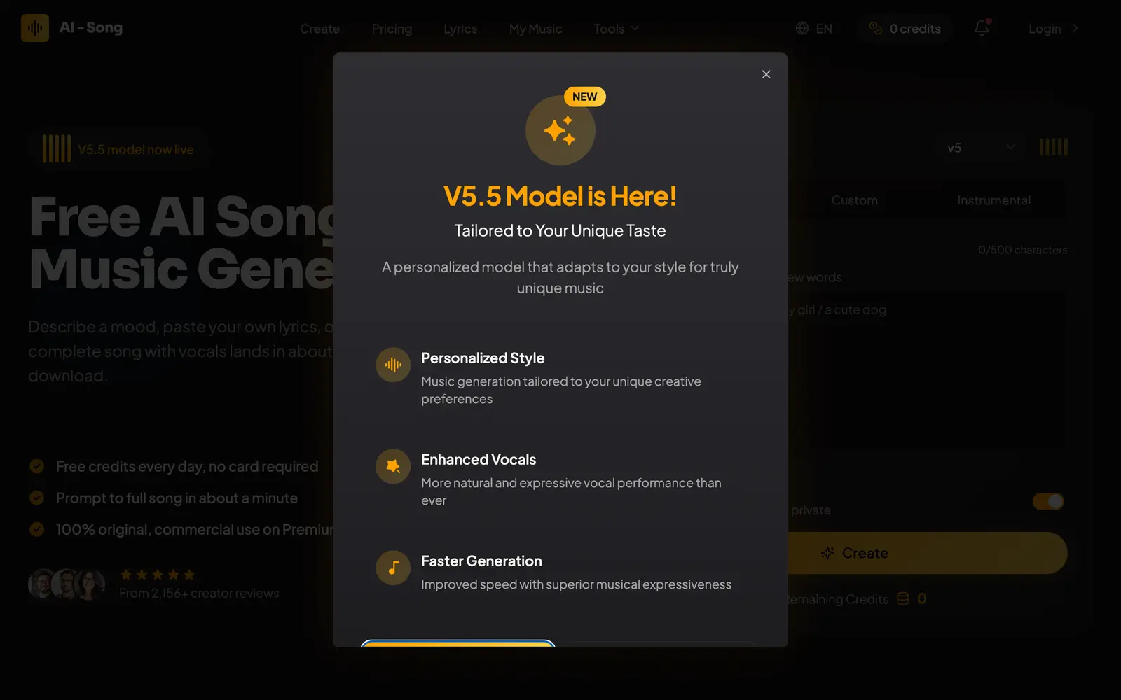 Screenshot of the AI Song Generator website
