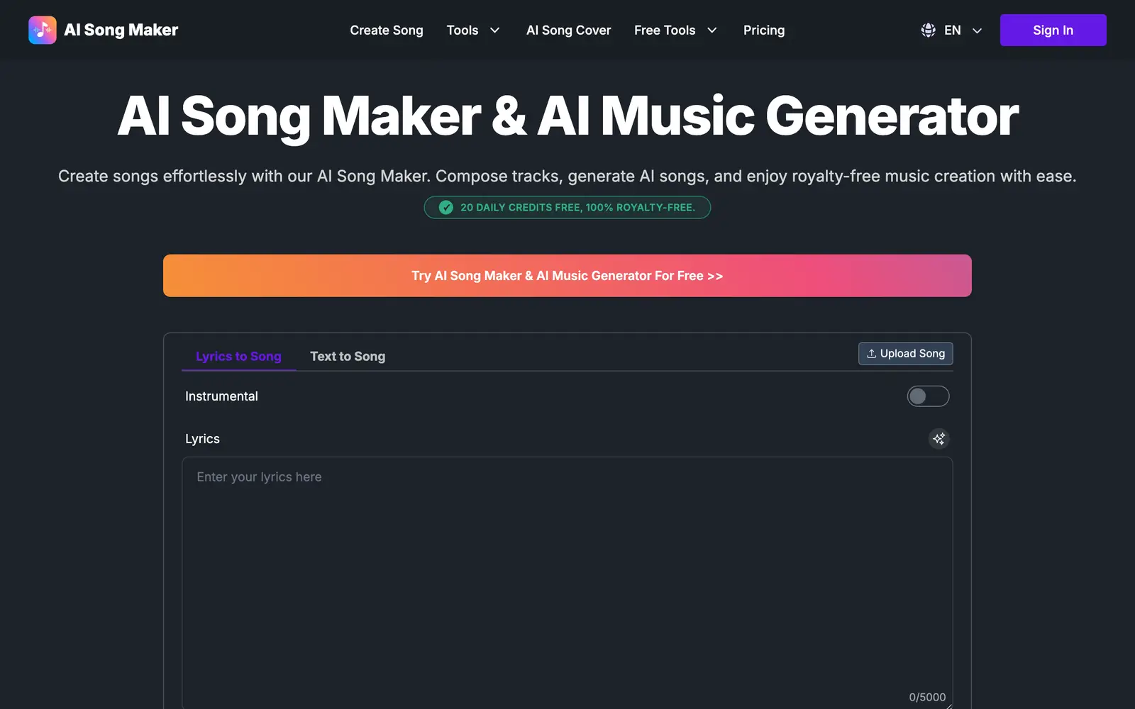 Screenshot of the AI Song Maker website