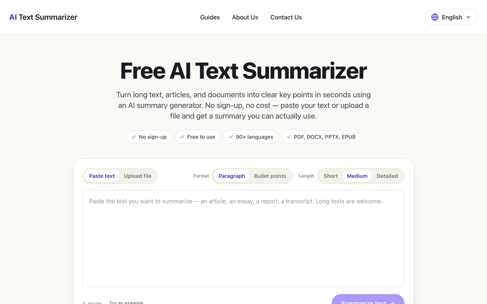 Screenshot of the AI Text Summarizer website
