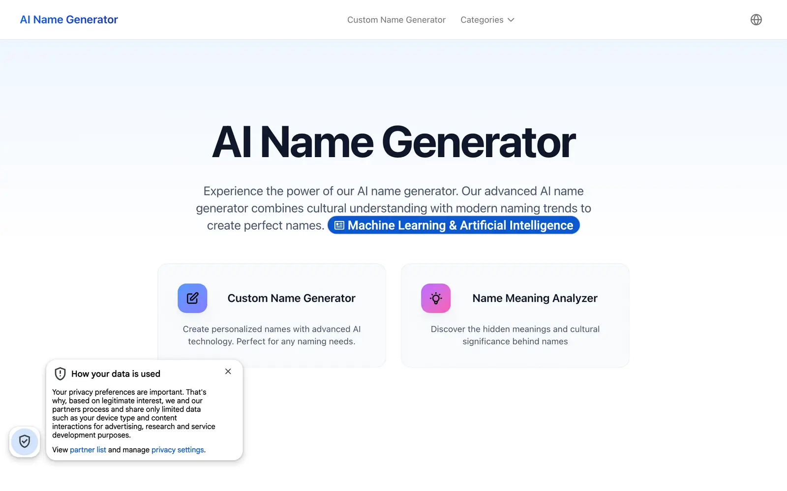 Screenshot of the AI The Name website