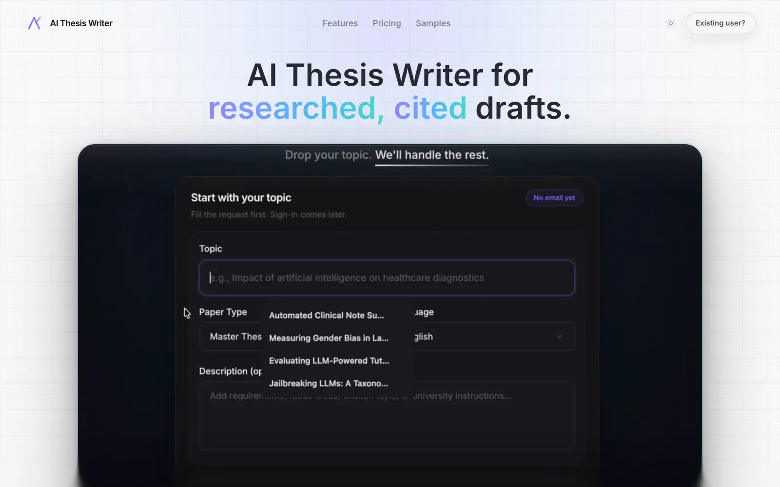 Screenshot of the AI Thesis Writer website