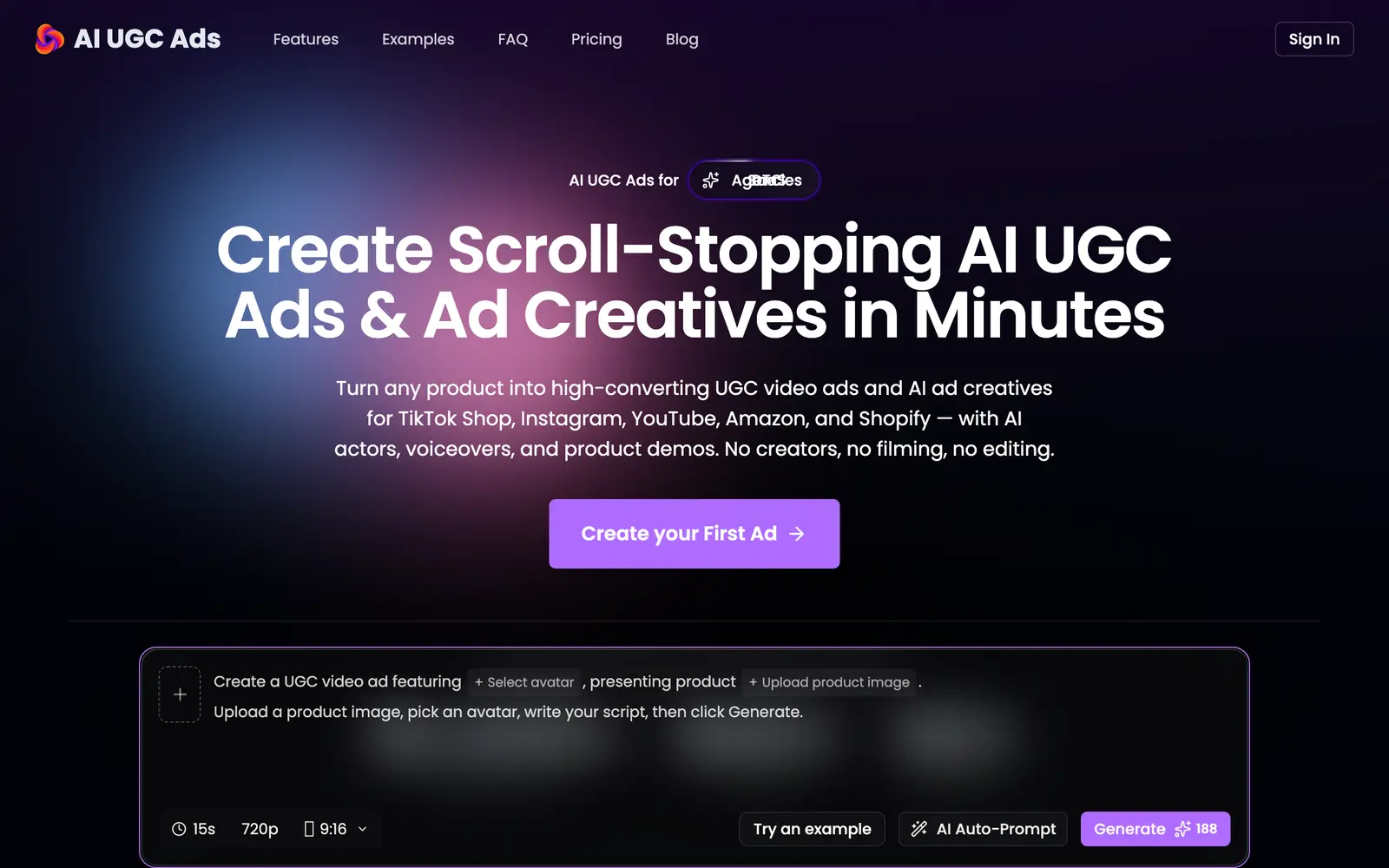 Screenshot of the AI UGC Ads website