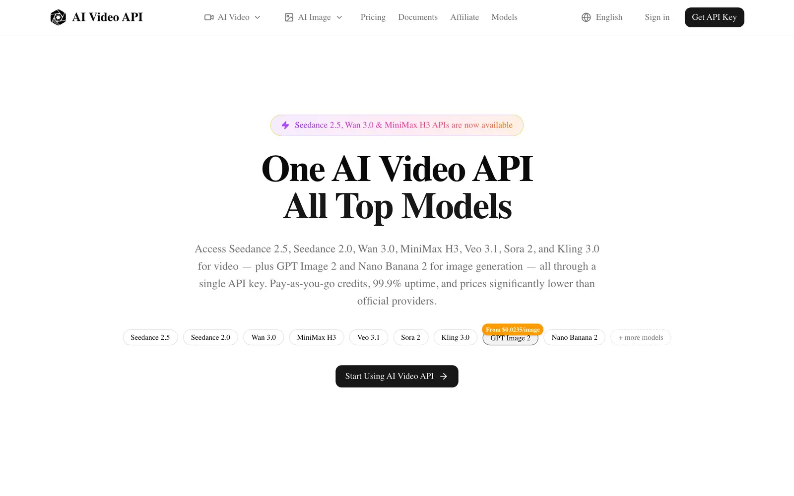 Screenshot of the AI Video API website