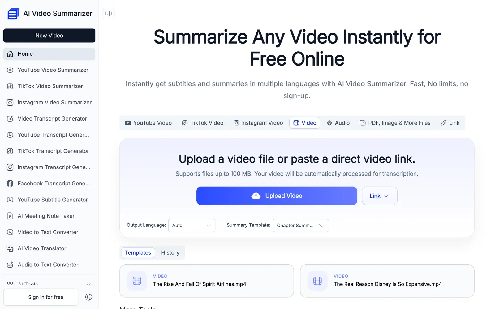 Screenshot of the AI Video Summarizer website