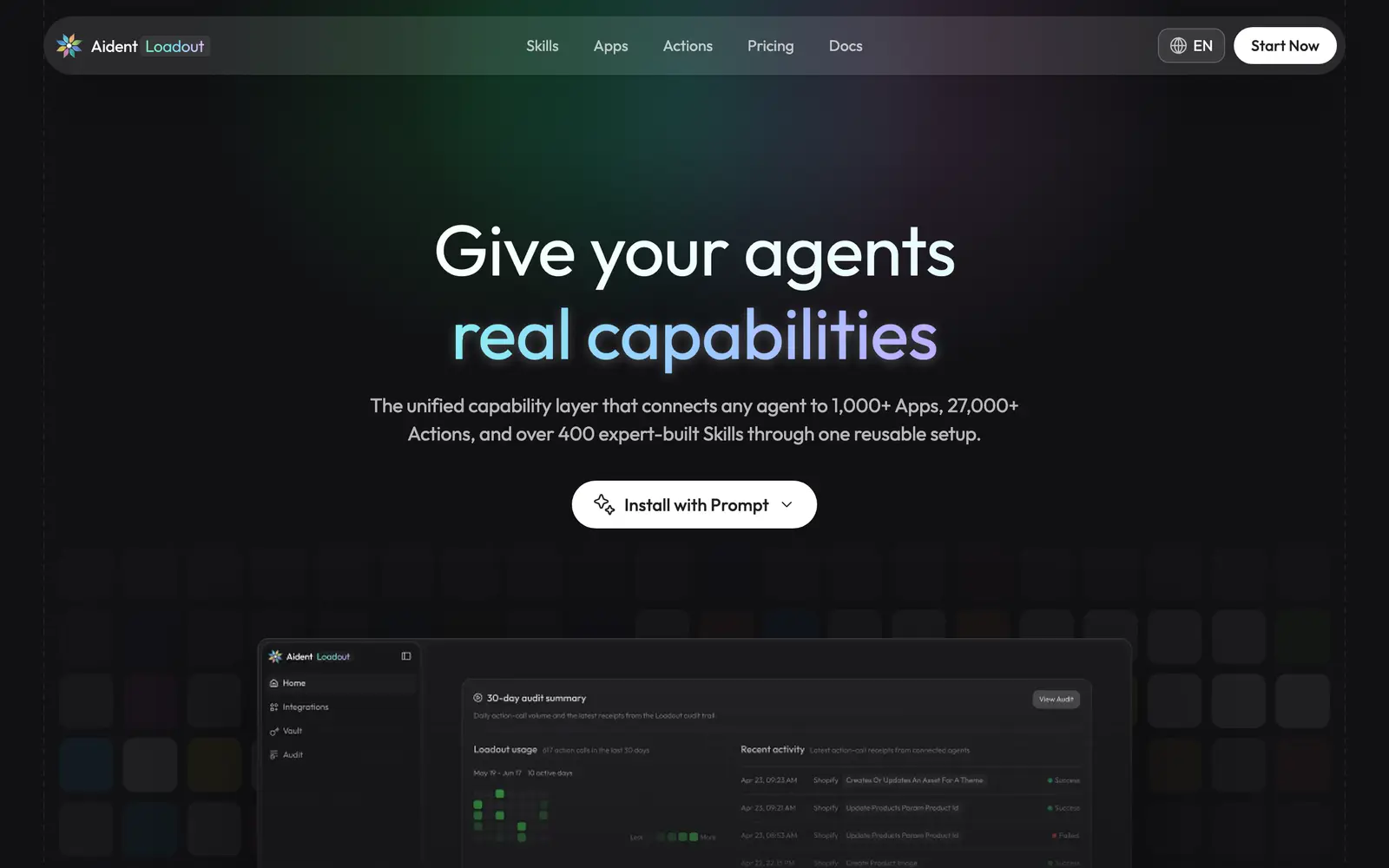 Screenshot of the Aident Loadout website