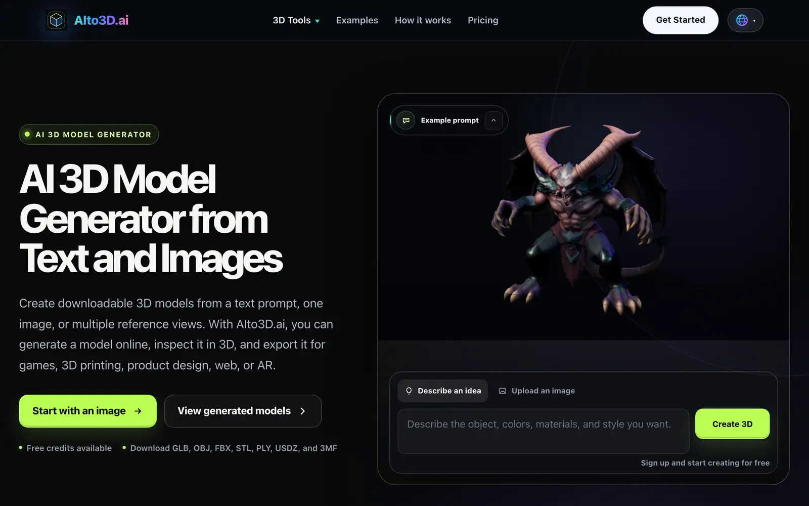 Screenshot of the AIto3D.ai website