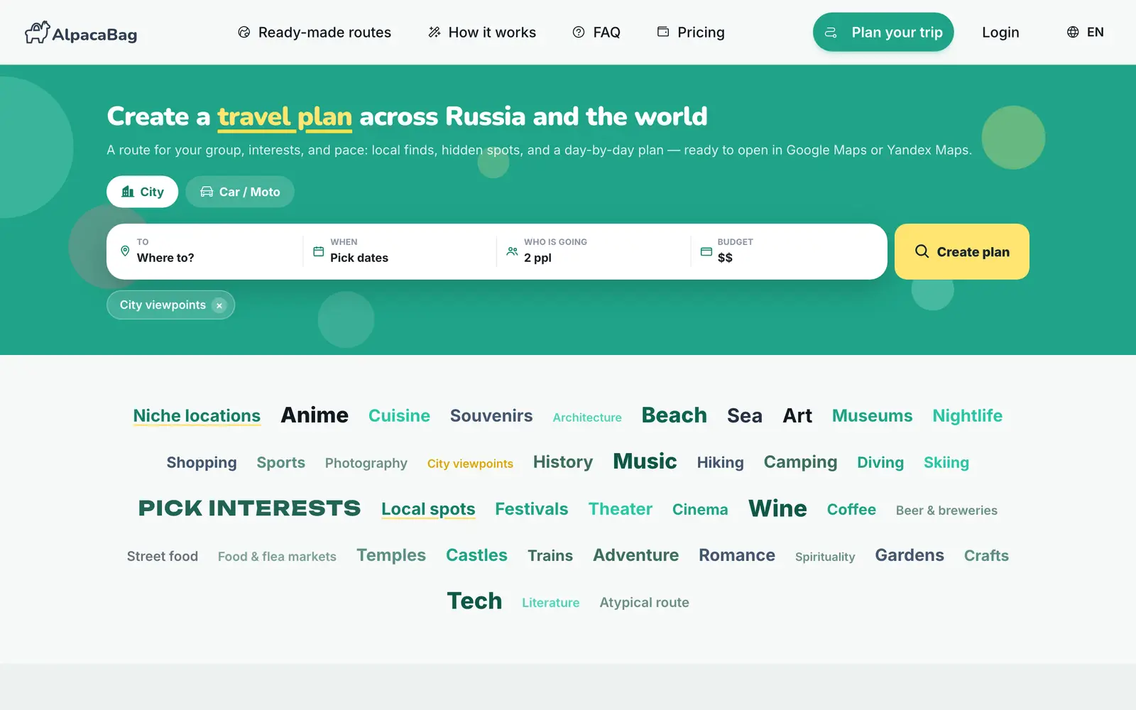 Screenshot of the AlpacaBag website