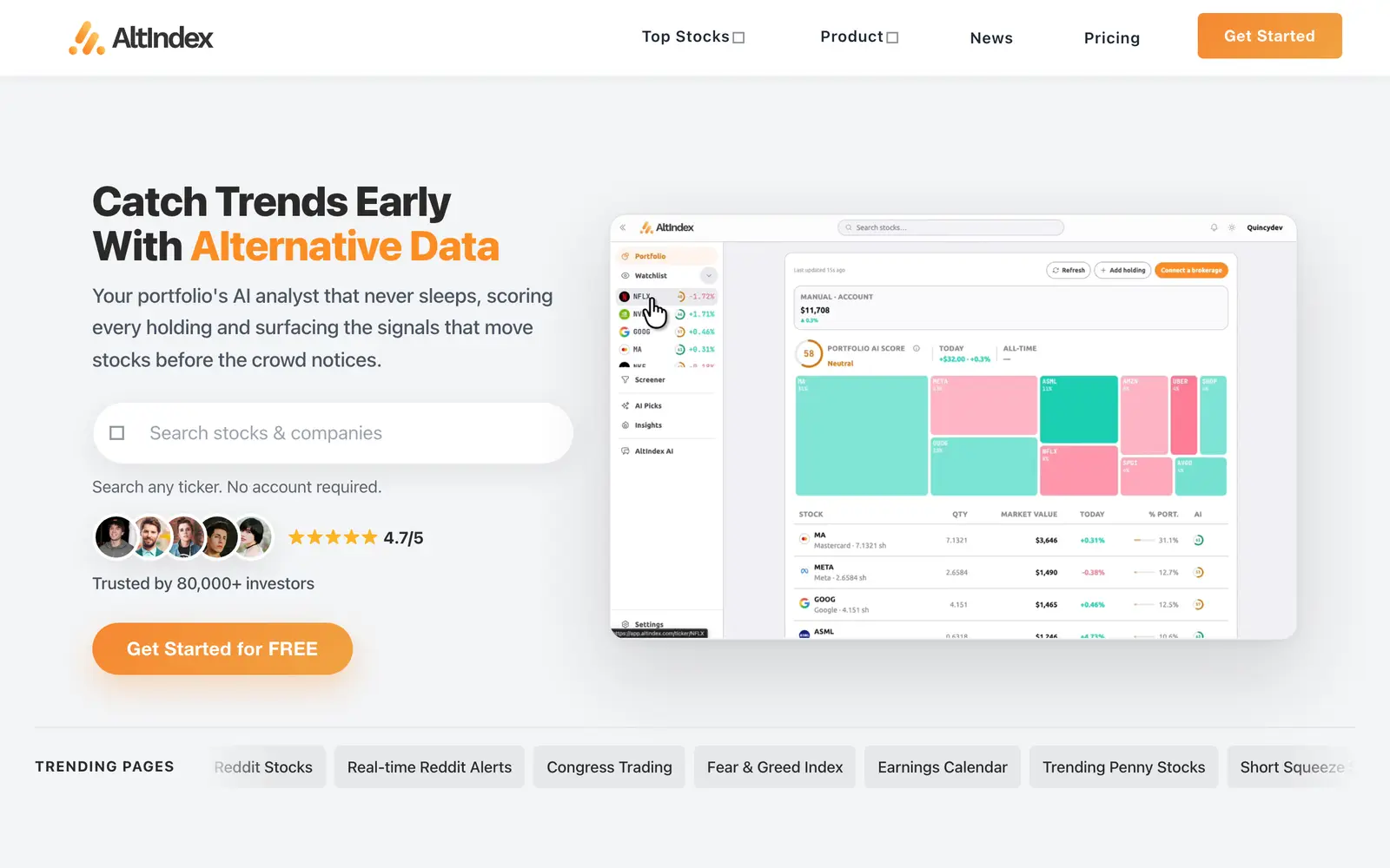 Screenshot of the AltIndex website