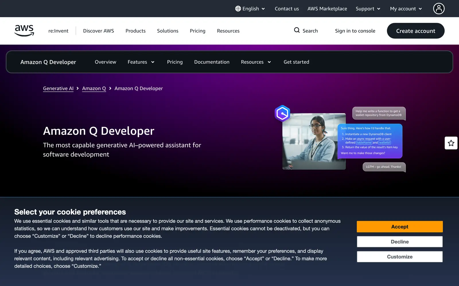 Screenshot of the Amazon Q Developer website