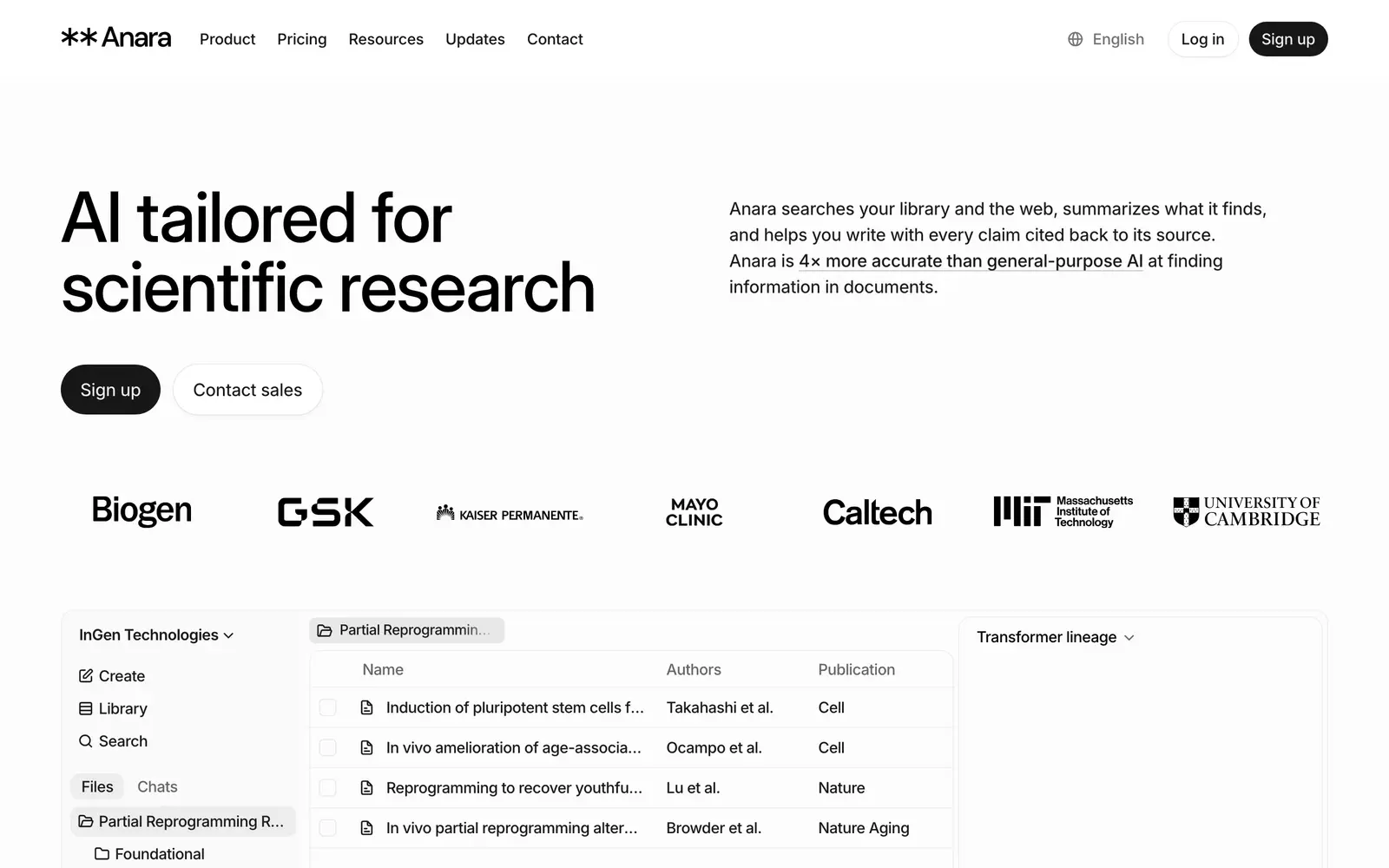 Screenshot of the Anara website