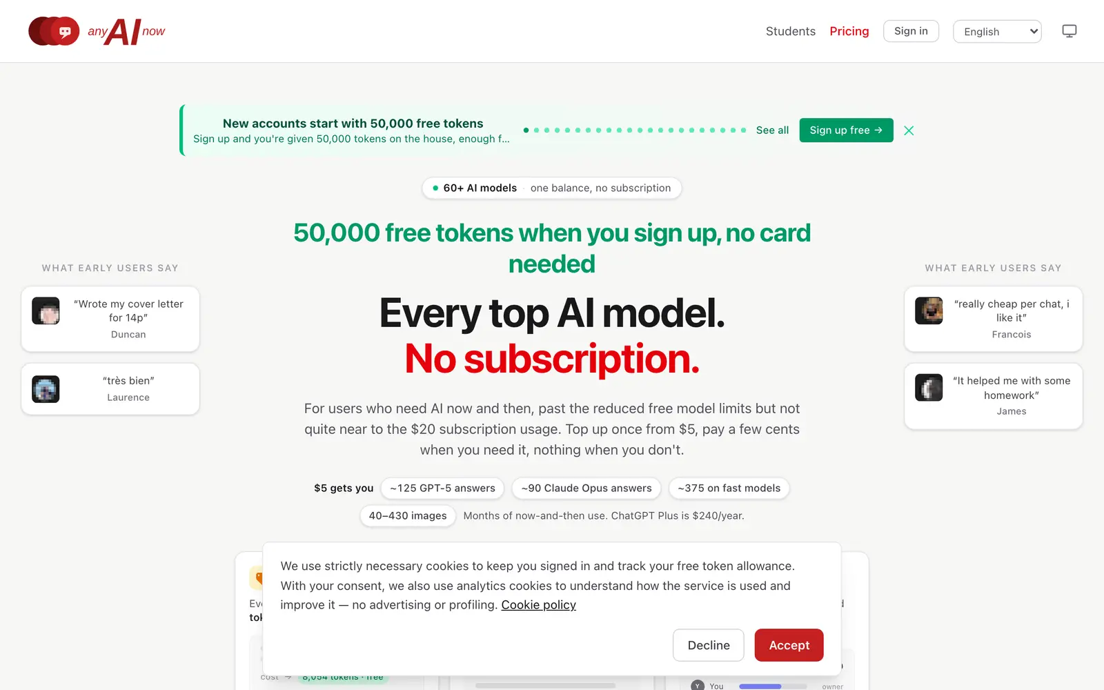 Screenshot of the anyAInow website