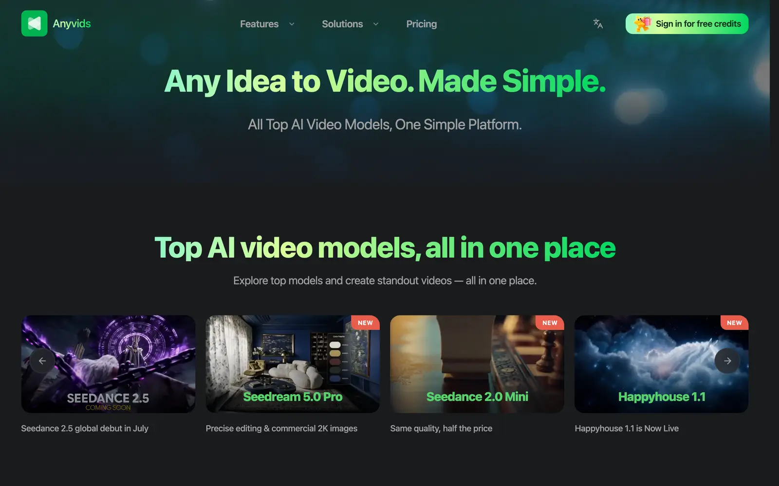 Screenshot of the Anyvids website