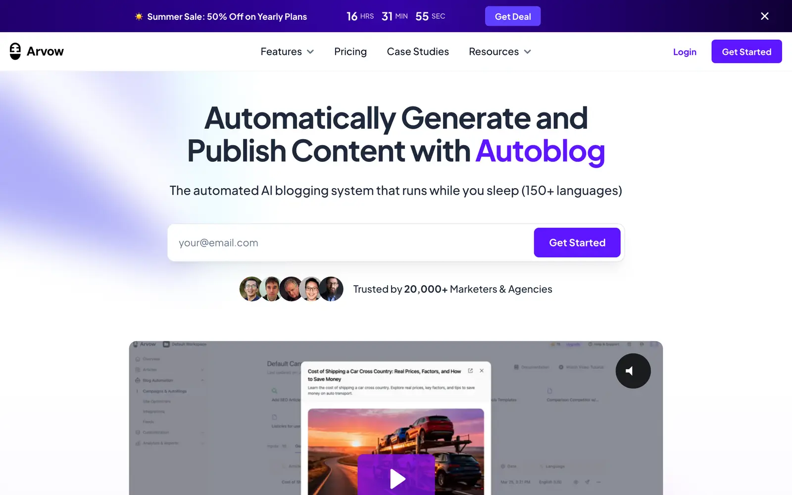 Screenshot of the Arvow website