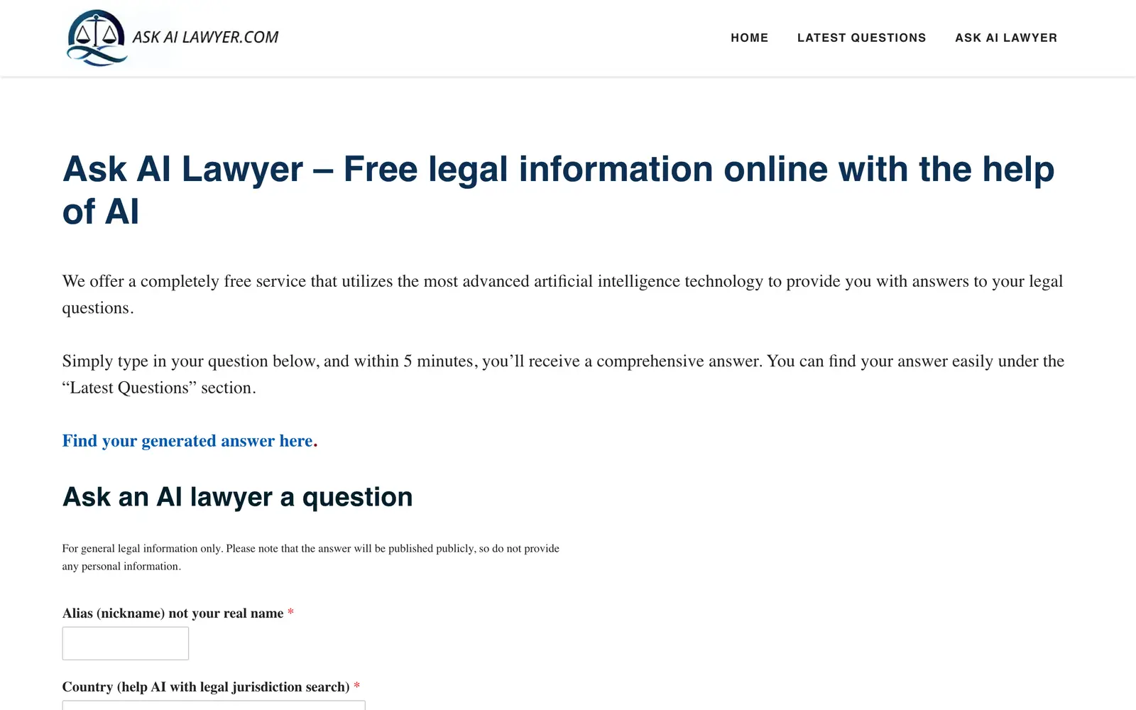 Screenshot of the Ask AI Lawyer website