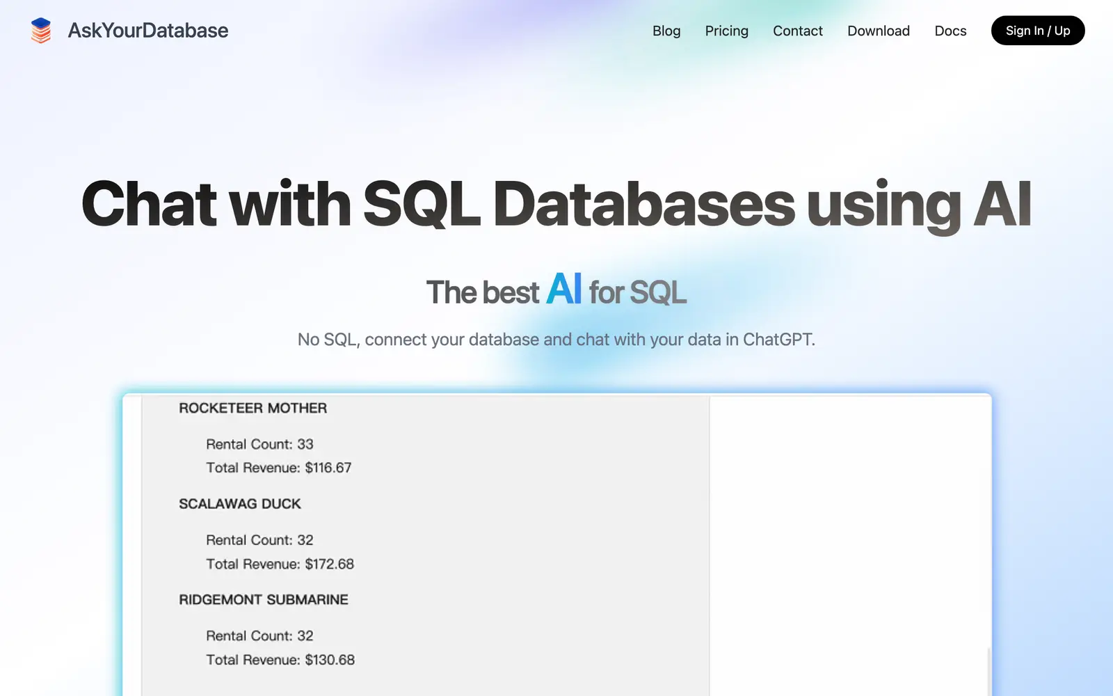 Screenshot of the AskYourDatabase website