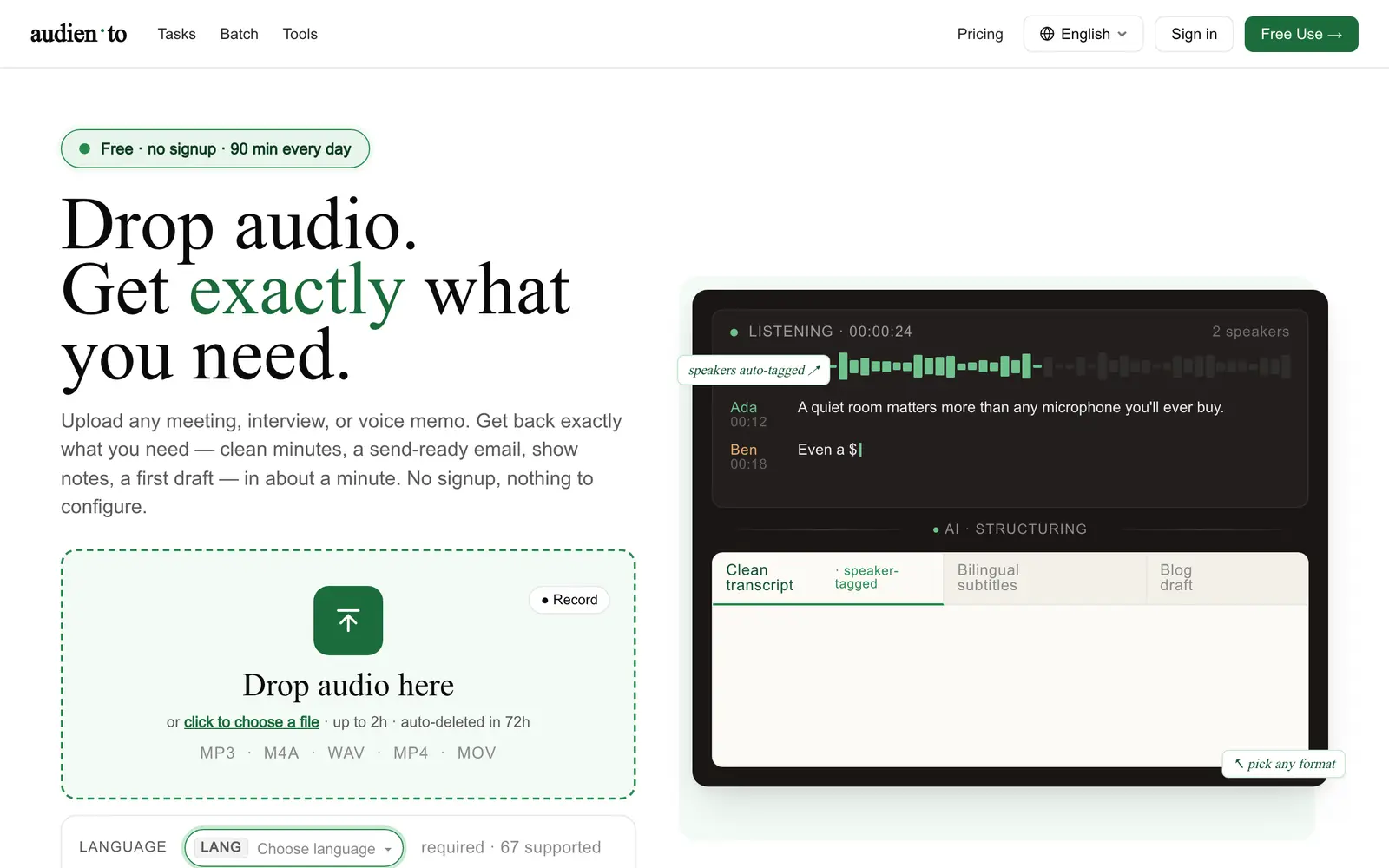 Screenshot of the audien.to website