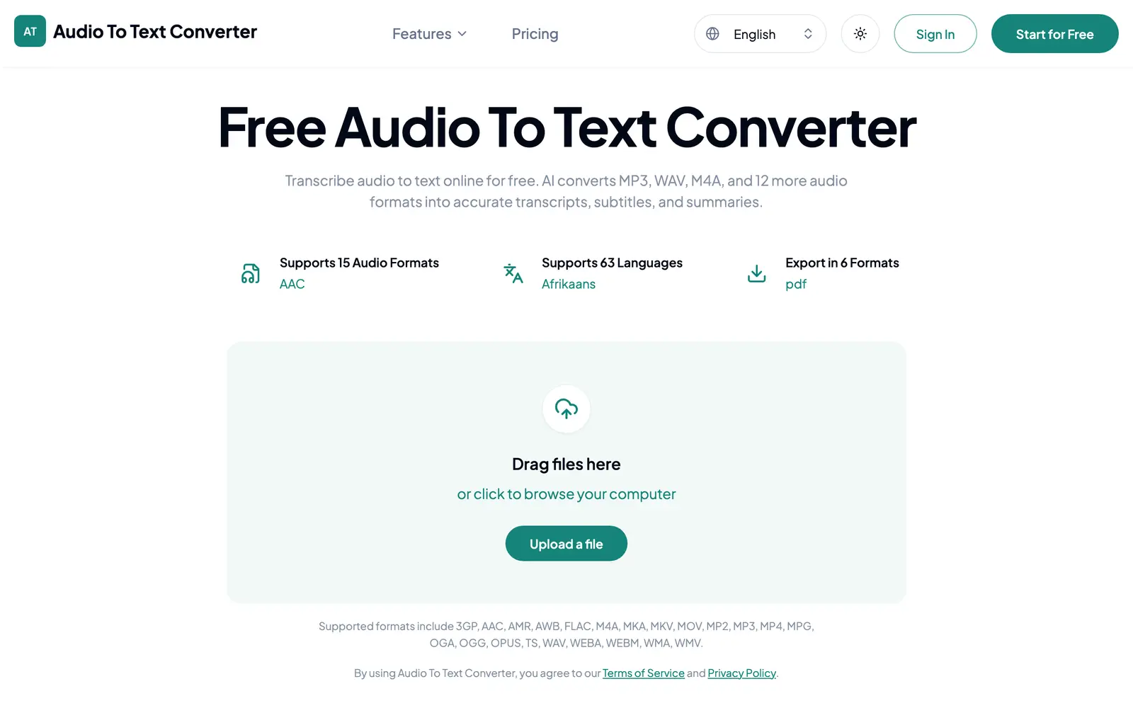 Screenshot of the Audio To Text Converter website