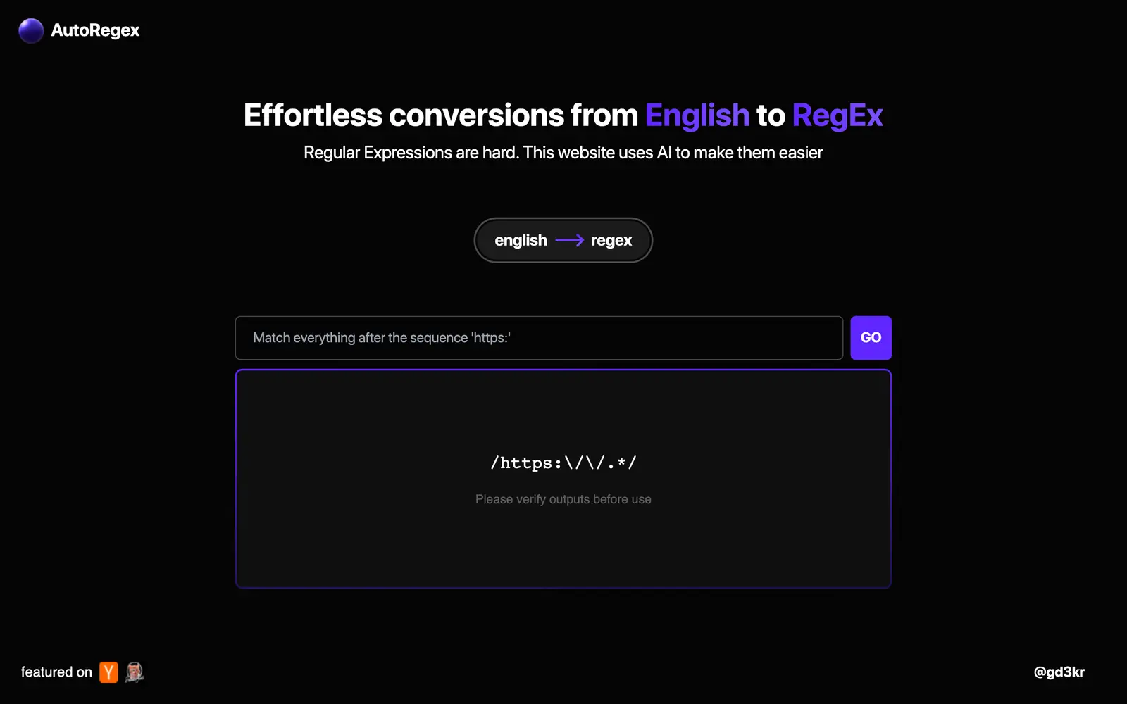 Screenshot of the AutoRegex website