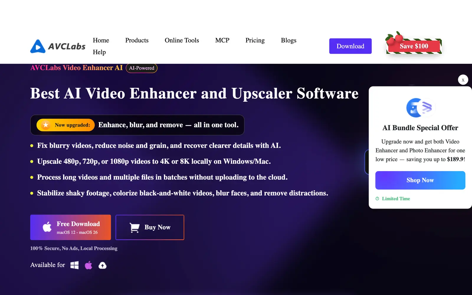 Screenshot of the AVCLabs Video Enhancer AI website